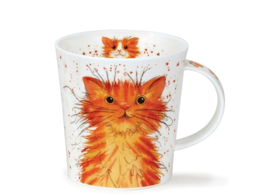 This Dunoon fine bone china mug features a quirky design with a furry ginger cat on the front and a white &  ginger fluffy cat on the back. The cats are are designed in splashes of watercolour, with charcoal frizzy whiskers. The inner rim of the mug features a cute ginger & white cat, whilst the handle features paw print designs.