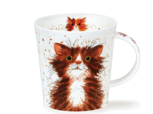 This Dunoon fine bone china mug a quirky design with a fluffy tabby cat on one side & a furry tortoiseshell cat on the other, brightly painted in watercolour splashes. The inner rim of the mug features a cute ginger cat, whilst the handle features paw print designs.