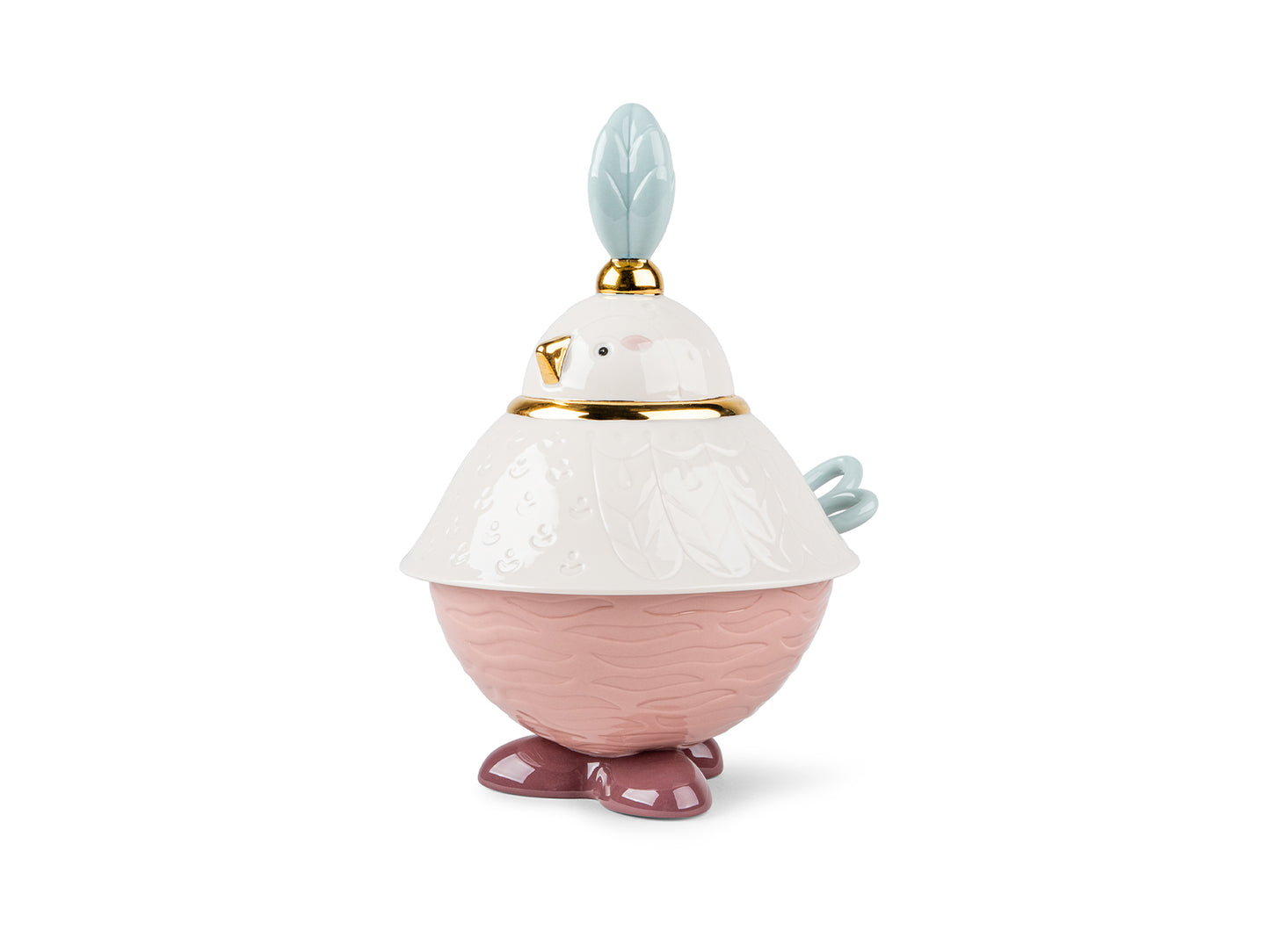 A covered sugar bowl in the shape of a stylised bird, complete with feet, a blue tail that is a spoon inside the dish and a white lid with a blue plume at the top of its head that acts as a handle