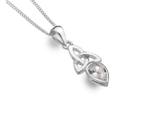 A silver necklace with a pendant that has a triskele and a cubic zirconia teardrop in it