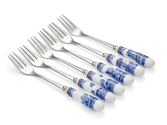 Set 6 stainless steel pastry forks with a porcelain handles in a blue and white pattern made by spode blue italian design