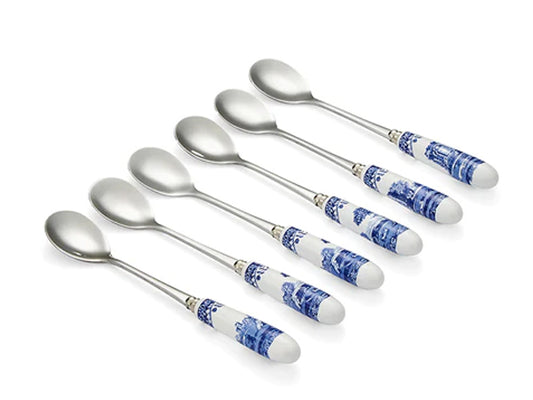Set 6 Stainless steel teeaspoons with a blue and white pattern on the handles many by spode blue italian design