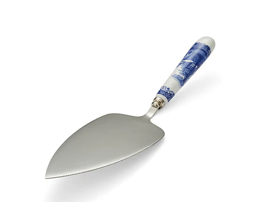 a stainless stell and porcelain handles cake slice in a blue and white design made by spode blue italian design