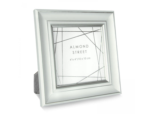 a white and silver square photo frame