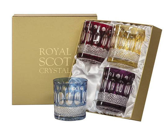 Set of 4 royal scot crystal belgravia tumblers, ruby, mulbery. gold & sky blue colours
