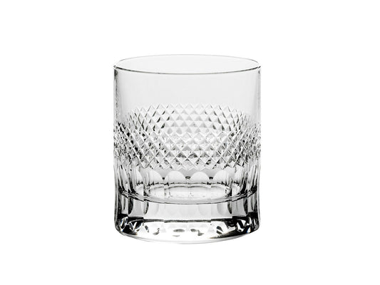 A large crystal tumbler with a cut pattern around the outside, with a ring of diamonds around the centre.