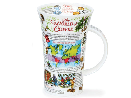 A fine bone china mug showcasing intricate illustrations and fascinating facts about coffee.