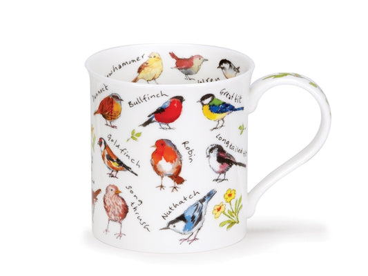 A white fine-bone china mug with straight sides and a subtly fluted top. The mug showcases illustrations of common garden birds, including a robin, goldfinch, sparrow, kingfisher, and more. The handle of the mug is adorned with a stem of green foliage and white blooms. Inside the rim, you'll find additional bird illustrations of a coaltit, chaffinch, jay, sparrow, yellowhammer, and wren. Each bird is depicted with accurate colourings and markings to maintain their distinctive features.