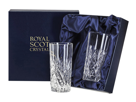 Pair of Tall Royal Scot Crystal Edinburgh Tumblers are hand-cut in Britain with the signature Edinburgh design, being slimmer in width and straight-cylindrical in shape, they have a weighted bottom to avoid being easily knocked over.