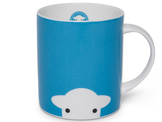 A fine bone china mug featuring a solid sky blue colour throughout, adorned with a white cut-out silhouette of a Herdy sheep face.