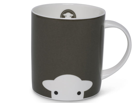 Grey fine bone china mug featuring a white silhouette cutout of a Herdwick sheep face peeking out at the bottom of the cup, repeated on both front and back. The white handle provides contrast against the grey background.