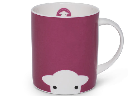 A straight-sided fine bone china mug featuring a solid fuchsia pink background with a white silhouette cutout of a Herdwick sheep face printed on the front and back, peeking out. The handle is white, and inside the mug's rim, there is a circle of pink with a full white sheep face sat inside.