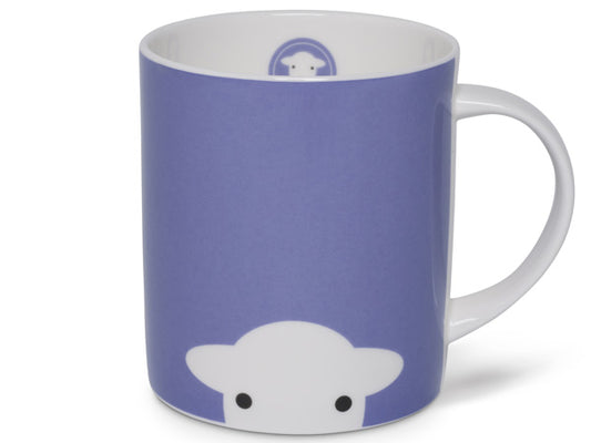 A straight-sided fine bone china mug featuring a solid purple background with a white silhouette cutout of a Herdwick sheep face printed on the front and back, peeking out. The handle is white, and inside the mug's rim, there is a circle of purple with a full white sheep face sat inside.