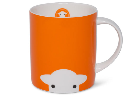 Orange fine bone china mug featuring a white silhouette cutout of a Herdwick sheep face peeking out at the bottom of the cup, repeated on both front and back. The white handle provides contrast against the orange background.