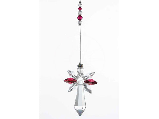 This beautiful handmade crystal guardian angel decoration represents Love, Guidance & Protection  Features a Ruby colour which is the birthstone for July meaning Heart, Passion and Nobility