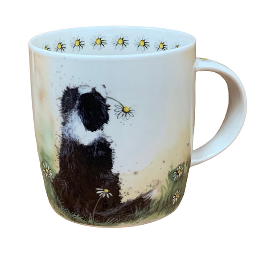 Alex Clark mug is illustrated with a lovely collie dog admiring the view & holding a flower in his mouth