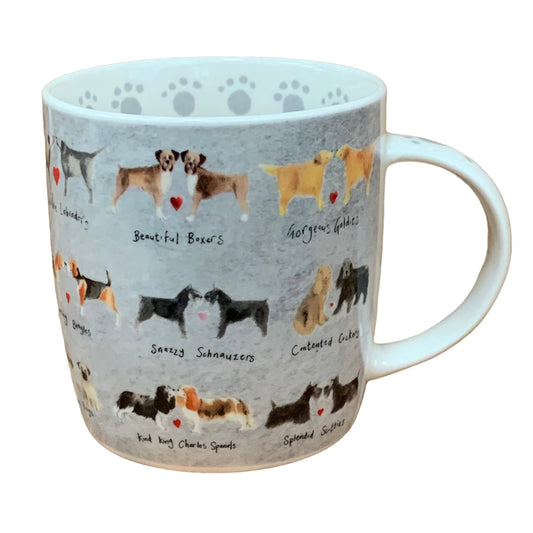 This Alex Clark mug is illustrated with pairs of assorted breed of dogs who love each other. This mug also features dog paw illustrations around the inside rim & down the handle.  