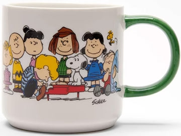 You can imagine playful tunes emanating from Schroeder's red toy piano as Charlie Brown, Woodstock, Lucy Van Pelt, & the rest of the crew gather around in a family huddle. On the flip side, see Snoopy napping on his red home with Woodstock perched on his belly.