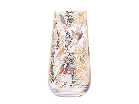A clear class vase with gold foliage and vibrant birds decorating the outside