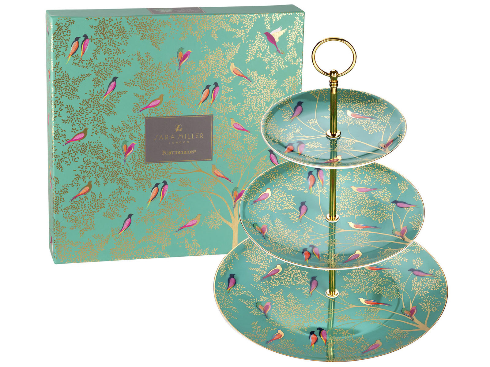 This three-tier cake stand is decorated with a green transfer featuring gold foliage and brightly coloured birds. the connecting rods are gold, with a loop at the top for ease of carrying.
