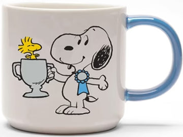 Snoopy beaming with pride & rocking a blue medal while cradling a shiny trophy with pal Woodstock nestled inside the cup. The blue handle perfectly matches the rosette on his chest, & the mug's back says "Top Dog" in bold black letters.