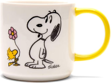 This mug has Snoopy standing in front of Woodstock who is holding out a flower to Snoopy, it has a yellow handle and the wording in black text on the reverse of the mug that says You're the Best