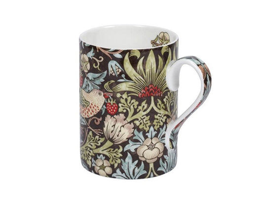 A fine bone china Spode Morris and Co mug in Strawberry Thief design in the chocolate/slate colour way. Features intricate pattern of birds and strawberries against black background.