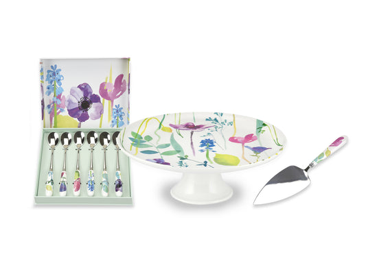 Portmeirion Water Garden Bundle - Cake Stand & Slice with Teaspoons