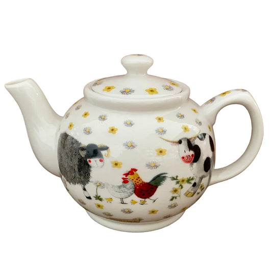 Alex Clark teapot is illustrated with an assortment of farm animals.  There is also a matching tea bag tidy & mugs in the same illustration.