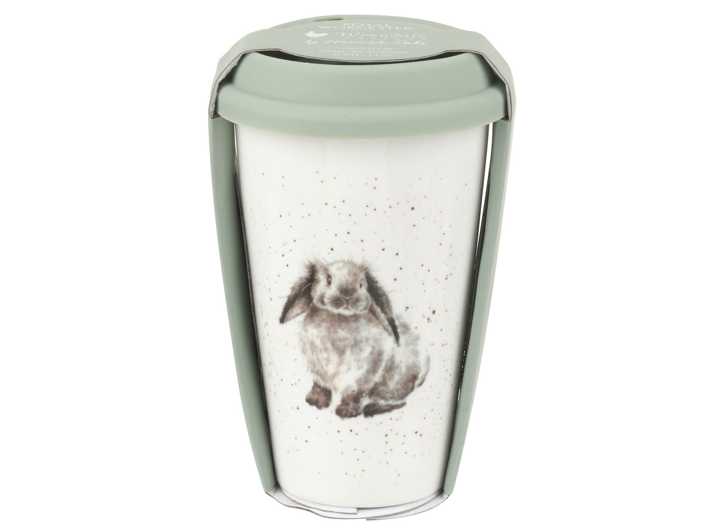 A white china travel mug with a rabbit design and green silicone lid