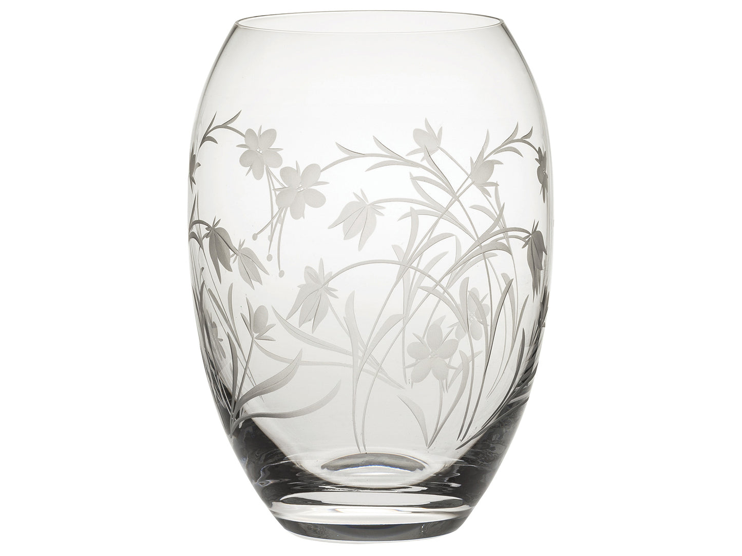 A barrel shaped crystal vase with a delicate floral motif of entwining wildflowers cut into the exterior, giving the motif a frosted appearance.
