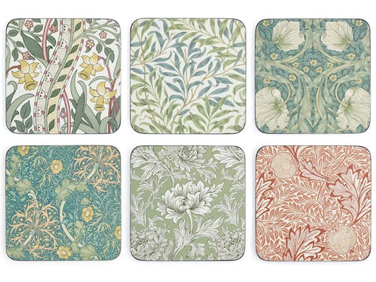 Each coaster is beautifully adorned with a unique design from the illustrious Morris &amp; Co. archive, including the iconic Daffodil, Willow Bough, Pimpernel, and Seaweed patterns. 