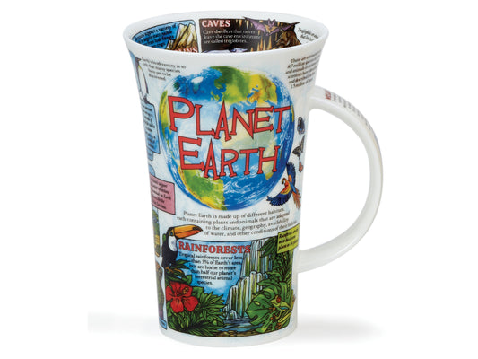 A large white fine bone china mug with colourful designs providing information about planet earth