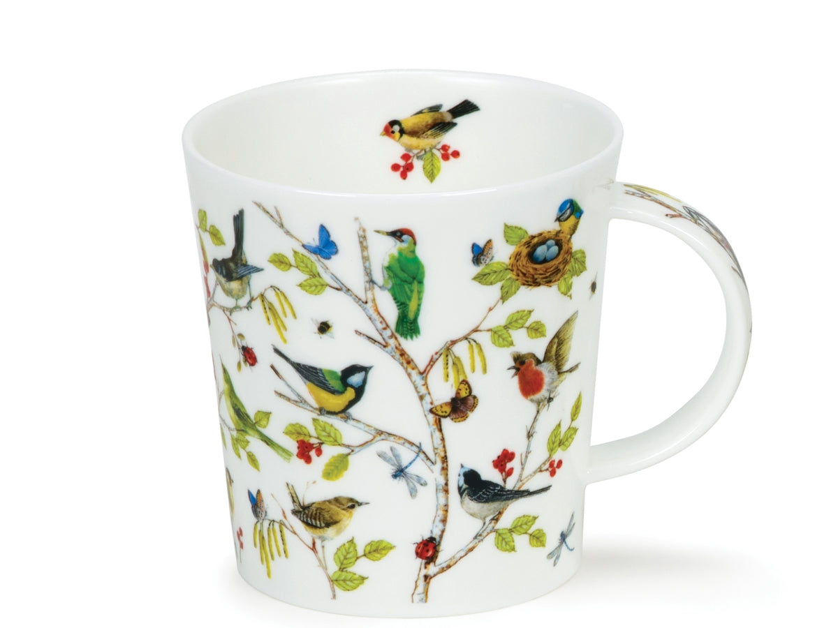 Dunoon Lomond Secret Wood Woodpecker fine bone china mug with woodpeckers, birds and small mammals among delicately illustrated trees