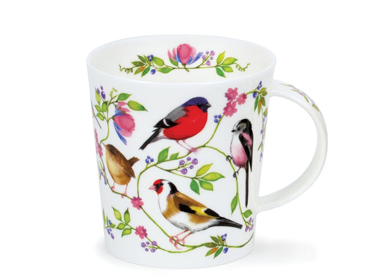 Dunoon Lomond Morning Chorus Goldfinch Mug in fine bone china with goldfinches, wrens and garden birds on leafy branches