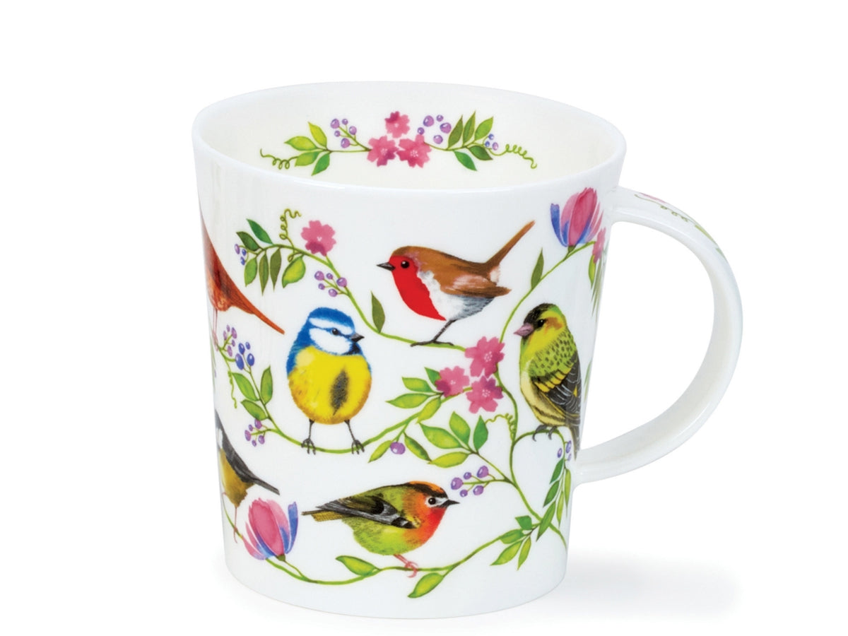 Dunoon Lomond Morning Chorus Robin Mug in fine bone china featuring robins and blue tits on leafy branches with pink flowers