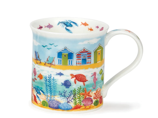 A fine bone china dunoon mug with sea creatures and beachuts pattern 