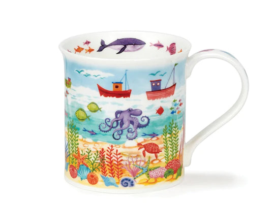 A dunoon bute fine Bone china mug with a lovely array of fishing boats and sea creatures design