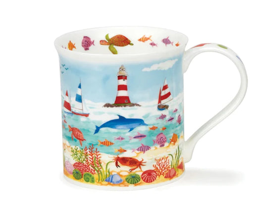 A dunoon bute mug illustrated with a light house and sea creatures under the sea