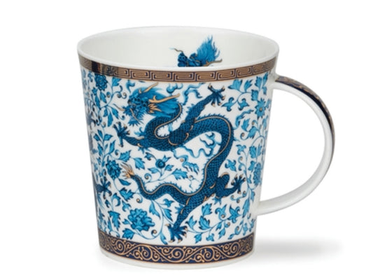 A large fine bone china mug decorated in a chinese style in blue and gold with a dragon illustration