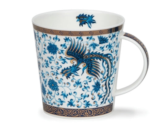 A large fine bone china mug adored in blue & gold follage with a pheonix illustration