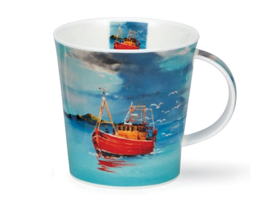A dunoon fine bone china mug illustrated with a single red boat on calm blue seas