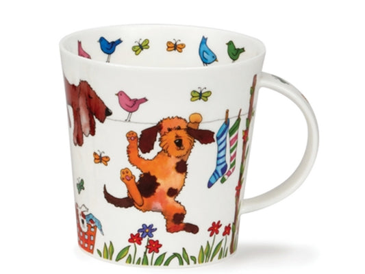 dunoon Cairngorm fine china mug illustrated with dogs hanging off a shopping line