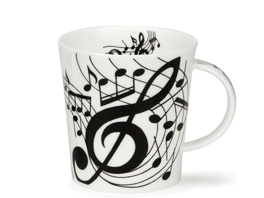 fine bone china mug fron dunoon ceramics in white with black musical notes illustrated on it