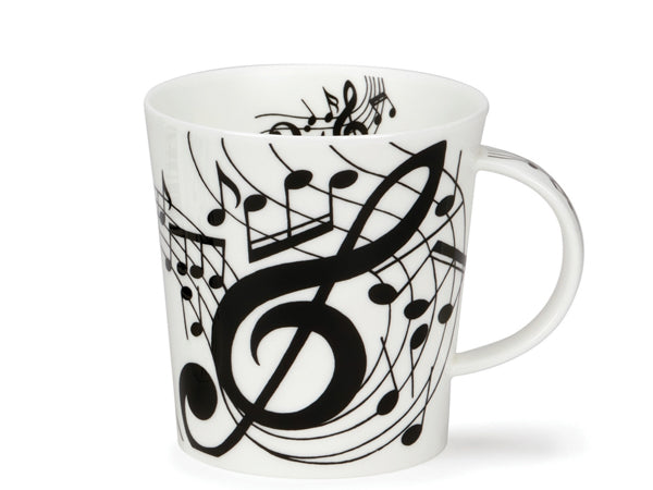 This Dunoon fine bone china mug showcases captivating black &  white musical notes, including symbols such as clefs & quavers. The musical notes are elegantly repeated on the inner rim and handle, adding to the charm of this musical masterpiece.