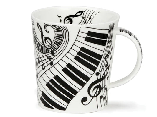 Dunoon Cairngorm mug in black and white with music notes and keyboard illustration