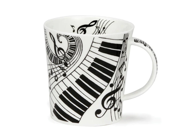 This Dunoon fine bone china mug showcases captivating black & white musical motifs, including piano keys and various musical notes like clefs & quavers. The musical notes are elegantly repeated on the inner rim & handle.