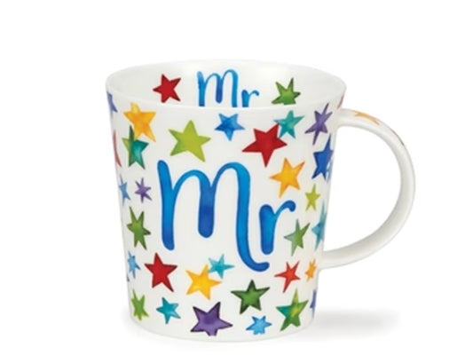 This Dunoon fine bone china mug features a captivating design of cool-toned colourful stars surrounding the word 'Mr' in a vibrant blue font, all portrayed in a charming watercolour style. Inside the rim, the word 'Mr' is repeated in red with stars adorning each side.