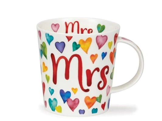 A fine bone china mug by Dunoon adorned with a charming motif of colourful hearts encircling the word 'Mrs' in a vibrant red font, all depicted in a watercolour style. Inside the rim, the word 'Mrs' is repeated in red with hearts on either side. 