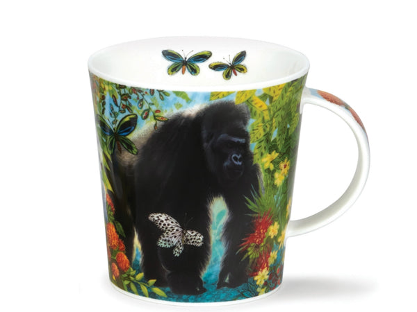 This Dunoon fine bone china mug transports you to a vibrant tropical paradise, adorned with gorillas, cockatoos, butterflies, & colourful flowers. Inside, two butterflies grace the rim, while the handle seamlessly extends the lively pattern from the mug's exterior.